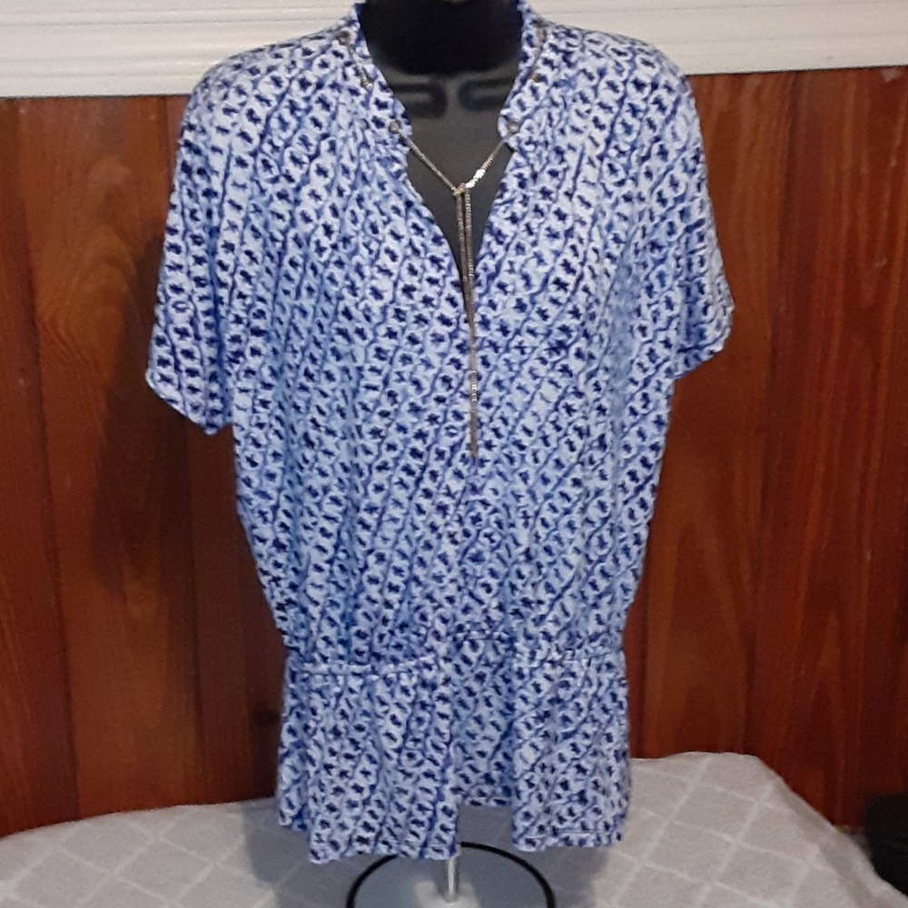 Michael Kors Blue and White Printed Short Sleeve Peplum Top